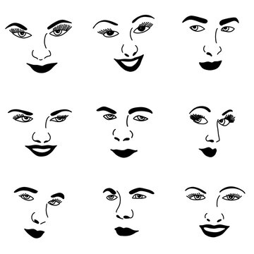 Illustration of Simple Facial Features Human Face silhouette Icon Set