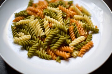 Vegetables pasta. Yellow, green and orange colors with white porcelain plate. Close up view.