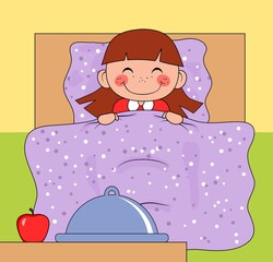 Cute smiling girl lying in a bed. There are meal and red apple by the bed. Cartoon style