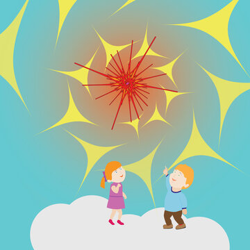Children Standing On a Cloud Are Surprised to See an Unusual Object Approaching. Vector Stylized Image © Alexander
