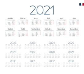 French Calendar for 2021-2033. Week starts on Monday
