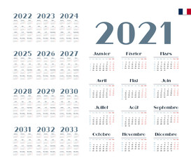 French Calendar for 2021-2033. Week starts on Monday