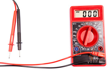 Red multimeter tester with lcd screen for measuring electrical data, isolated on white background
