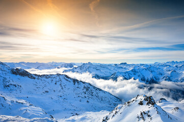 Ski resort in winter mountains. Top view. Val Thorens, 3 Valleys, France. Beautiful landscape of...
