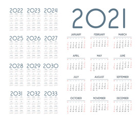 English calendar for years 2021-2033, week starts on Sunday