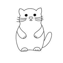 Vector outline illustration of a simple cute funny sitting cat front view, hand drawn doodle cartoon image on the white background