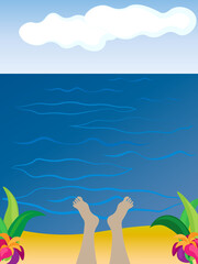 Feet in the warm sea. Time to relax overlooking the horizon. Doodle hand drown beach
