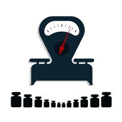 Food scales with a red arrow and kettlebells. Balance. Set of weights for scales. Vector illustration in a flat style.