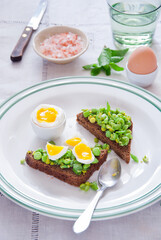 Bruschetta with green peas, mint and egg