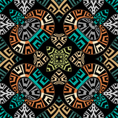 Greek modern vector seamless pattern. Abstract tribal ethnic background. Repeat colorful backdrop. Geometric ornaments. Greek frames, lines, mazes, shapes, mandalas. Greek key meanders trendy design