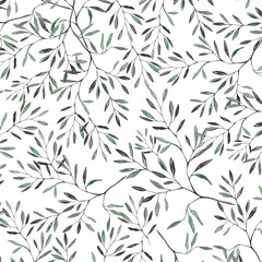 Naklejka na ściany i meble Watercolor pattern with green leaves, background for design 