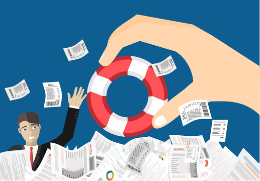 Man sticks out of a pile of papers. Another person is stretching a lifeline and wants to help. Helping Business to survive. Drowning businessman getting lifebuoy from another businessman