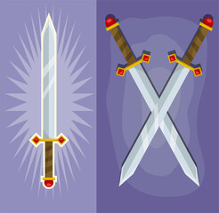 Cartoon crossed magic king steel swords with jems and diamonds on handle. On violet background. Vector icon for game