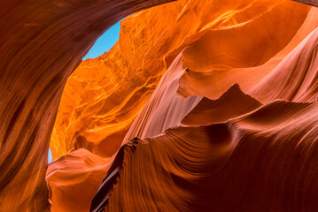 A view of the high-level sunlit walls in lower Antelope Canyon, Page, Arizona