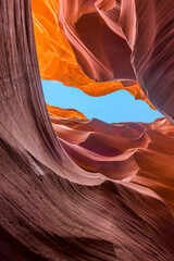 A kaleidoscope of colours on the high level sunlit walls in lower Antelope Canyon, Page, Arizona
