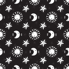 Space Vector Seamless pattern. Doodle Cosmic Space: Sun, Moon (Crescent), Stars. Cosmos Background. Cartoon Galaxy.
