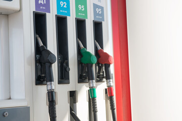 Gun for refueling at a gas station. Gasoline. Oil. Fuel Pump. Gas Station. Colorful Petrol pump...