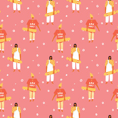 Fototapeta na wymiar Seamless pattern with women with skateboard. Cool cartoon charcaters in modern clothes.