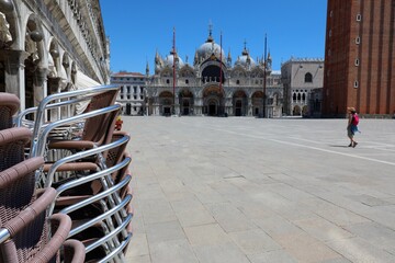 Deserted Piazza San Marco in Venice with only one tourist during