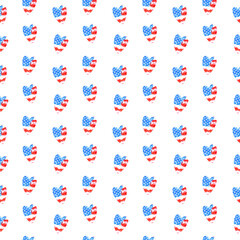 Watercolor seamless pattern with USA flag. Background with american heart.