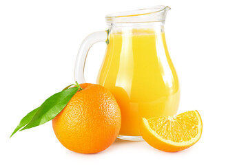 orange juice with sliced orange isolated on white background. juice in jug