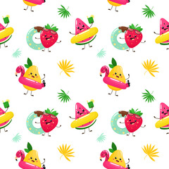 Seamless pattern with cute fruits. Tropical fruits, summer pattern. Vector illustration in cartoon flat style.