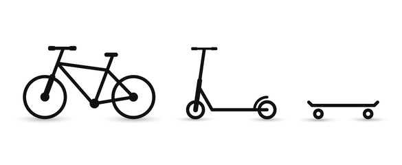 Icons: bike, scooter, skateboard. Wheel devices for sports. Black icons on a white background