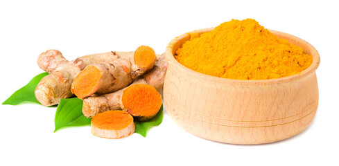 Turmeric powder with turmeric root isolated on white background