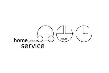 Linear image of a car, wrench and watch.Isolated vector elements on a white background. The concept of repair, service, customer orientation. You can use it to print business cards, leaflets, booklets