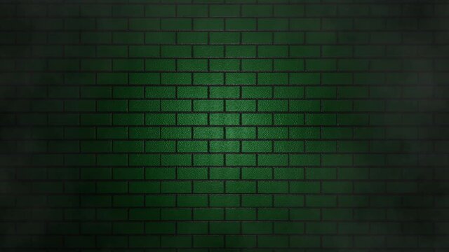 Empty brick wall with green neon light, copy space. Lighting effect green color glow on brick wall background. 4k stock footage blank, empty backgrounds. atmospheric smoke floating overlay element