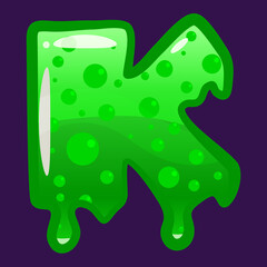 Slime font type letter K latin alphabet. Green bubbling toxic mold