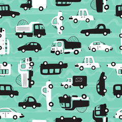 Cartoon Transportation Background for Kids. Vector Seamless Pattern with doodle Toy Cars
