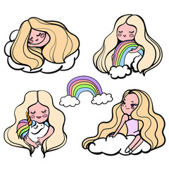 Hand drawn set of blonde girls, rainbows, clouds and unicorn