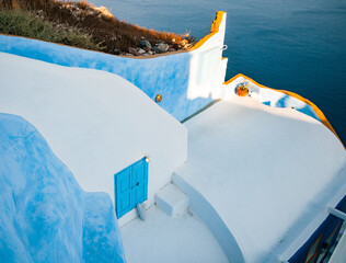 Santorini traditional white and blue architecture. Cyclades Greek islands, Greece.