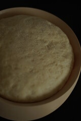 Risen yeast dough with the dark background closeup