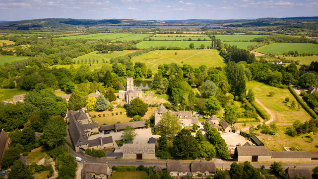 Aerial view of the manor house and church at Stanton Harcourt Oxfordshire