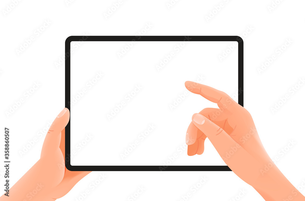 Poster tablet in hands. finger pressing the button. vector mockup isolated on white background