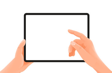 Tablet in hands. Finger pressing the button. Vector mockup isolated on white background
