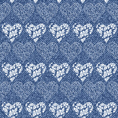 Vector Heart. Floral hearts. Denim floral background. Jeans background with hearts and flowers. Vector Denim seamless pattern. Blue jeans cloth. Valentine background
