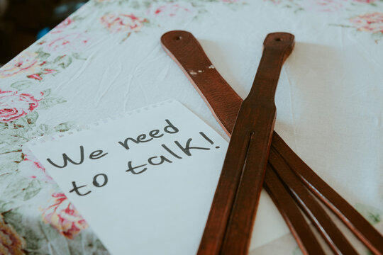 Home Child Abuse. We Need To Talk! Domestic Corporal Punishment. Leather Tawse And Note From Parents. Spanking At Home.