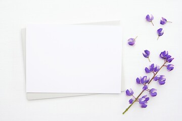 Greeting card, invitation card mockup, horizontal empty paper with envelope and purple flower.