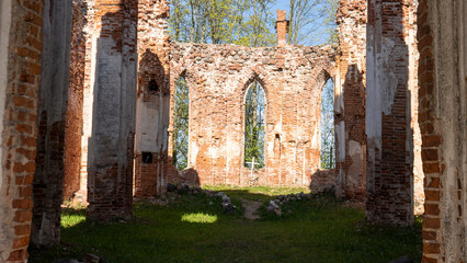 The Ruins of Veckalsnava Church. Olds Architecture Details of the Lutheran Church in the Kalsnava Parish Latvia. Sunny Spring Day.