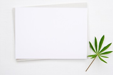 Greeting card mockup, invitation card for birthday, wedding, close up, horizontal empty white paper with envelope and green leave.