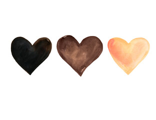 Brown Watercolor Hearts Isolated on White Background