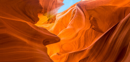 A ray of sunshine peeps into lower Antelope Canyon, Page, Arizona