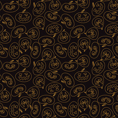 Seamless pattern on black background line orange pumpkins Halloween Doodle style vector illustration