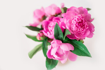 Fototapeta na wymiar Bouquet of pink peonies on a white background