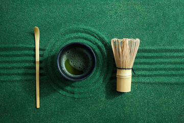 Green matcha powder background. Zen background. Top view.