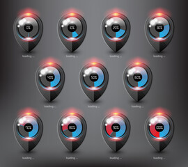 Loading spinners or progress loading bars in different loading state and percentage. Isolated with realistic transparent glass shine and shadow on the black background. Vector illustration. Eps10.
