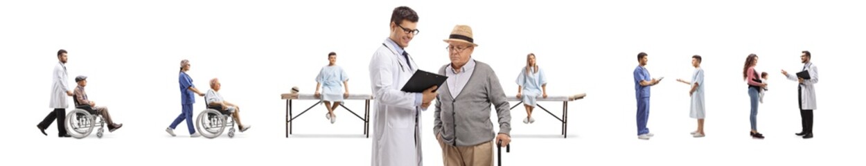 Obraz premium Male doctor talking to an elderly patient and other patients and doctors behind